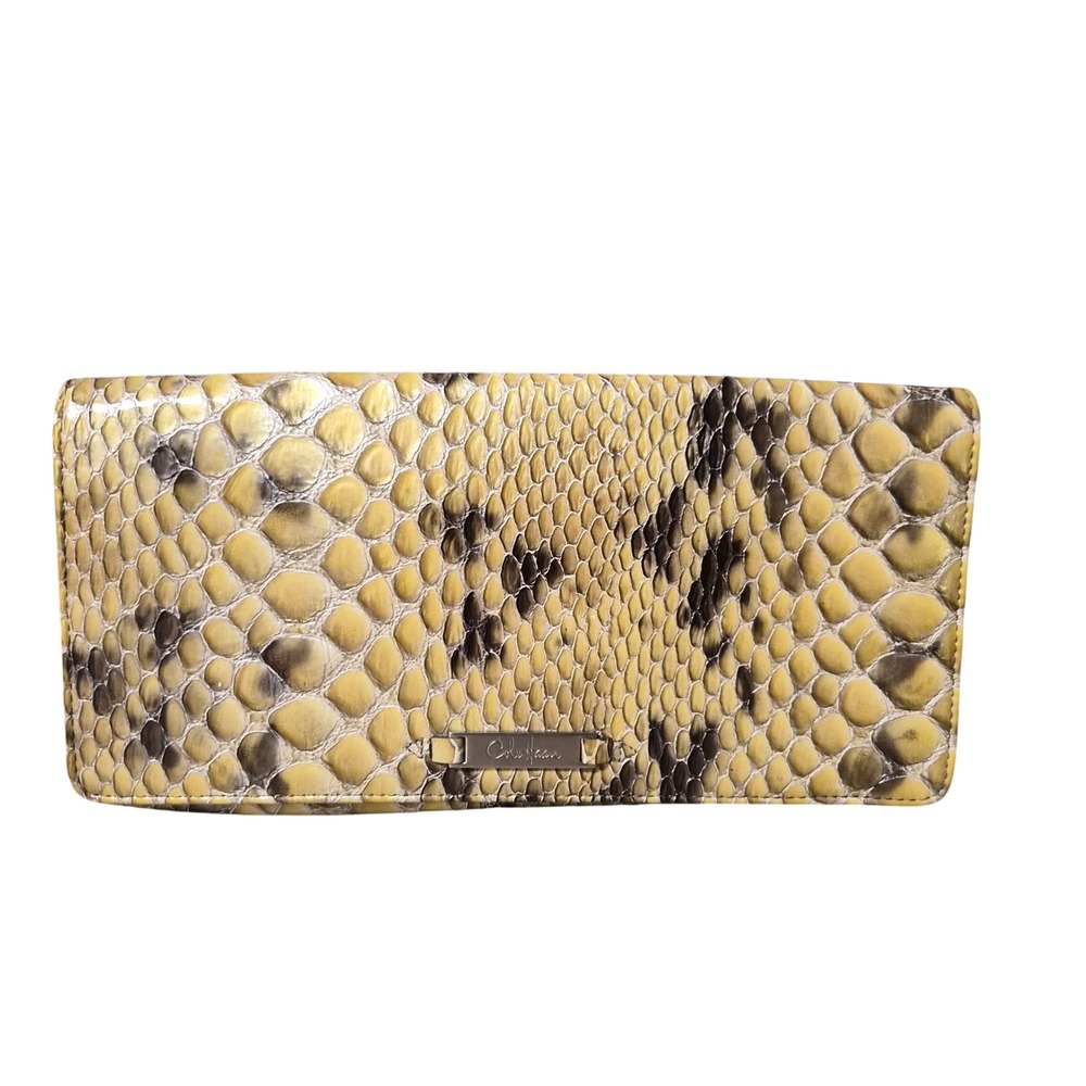 Cole Haan Metallic Snakeskin Embossed Leather Clutch Bag Yellow Gold Grey